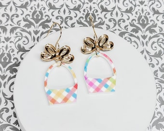 Easter Basket Earrings, Easter Earrings, Statement Acrylic Earrings, Easter Bunny Jewelry, Spring Earring, Bunny Earring, Plaid Acrylic