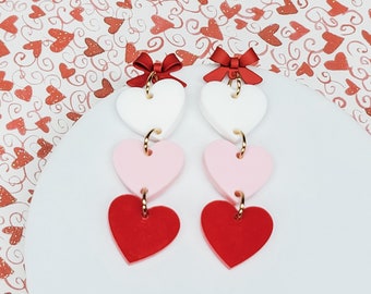 Stacked Heart Earrings, Valentine's Earrings, Fun Accessories, Statement Acrylic Earrings, Heart Acrylic Earrings, Red Bow Jewelry