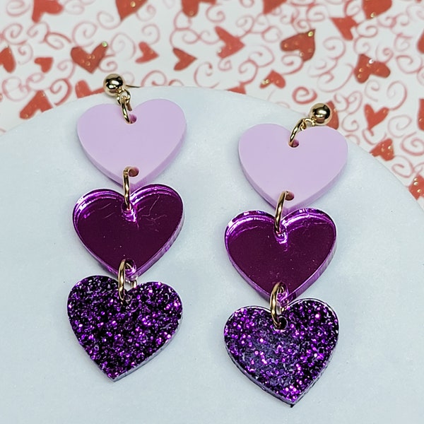 Purple Heart Earrings, Valentine's Earrings, Fun Accessories, Statement Acrylic Earrings, Heart Acrylic Earrings, Red Bow Jewelry