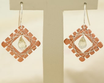 Copper Square Wire-Wrapped Sunstone Bead Earrings (G10P)