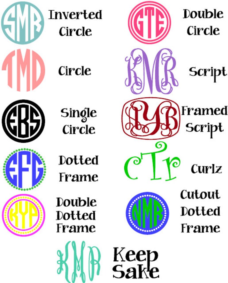 Puede incluir: Una colecci&oacute;n de dise&ntilde;os de monogramas en varios estilos, incluyendo c&iacute;rculo invertido, c&iacute;rculo doble, script y marco punteado recortado. Cada dise&ntilde;o presenta iniciales y una etiqueta descriptiva, como "Keep Sake".