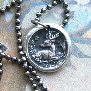 Silver Deer necklace - Wax seal pendant - Stag in forest - Gift for man or woman