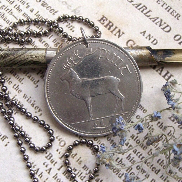 Stag necklace - Irish Stag and Harp coin - Vintage Celtic Gaelic