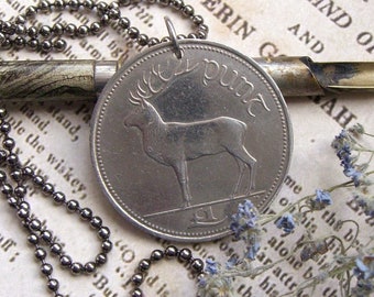 Stag necklace - Irish Stag and Harp coin - Vintage Celtic Gaelic