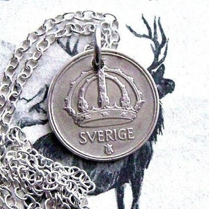 Swedish Crown necklace - Silver alloy - Vintage Sweden 10 ORE coin