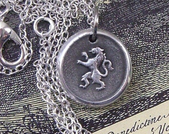 Lion necklace - Silver wax seal pendant - Leo gift - Scottish heraldry