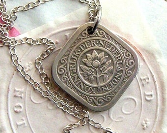 Netherlands necklace - Antique Dutch 5 cents coin - Orange blossom - Queen Wilhelmina
