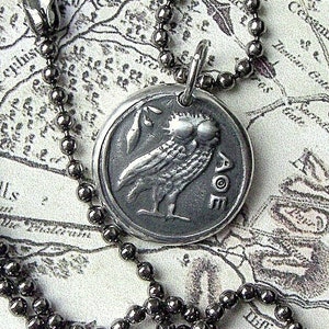 Owl of Athena necklace - Greek mythology - Silver Wax seal pendant