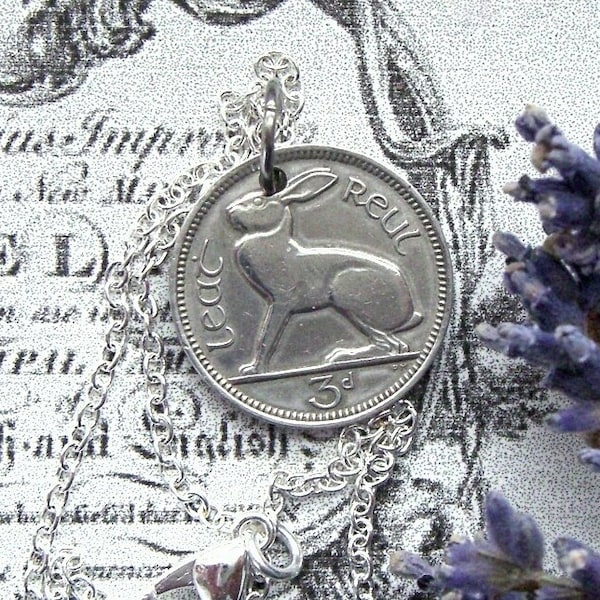 Hare necklace - Vintage Irish coin - Ireland rabbit