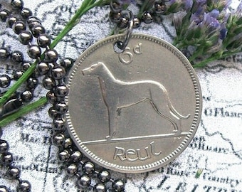 Irish wolfhound necklace - Dog lover gift - Ireland sixpence coin