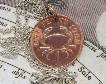 Crab necklace - Cancer zodiac gift - Vintage Guernsey copper penny coin