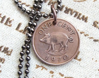 Wild Boar coin necklace - 26th birthday gift - Vintage Bermuda 1999 - Year of the Pig