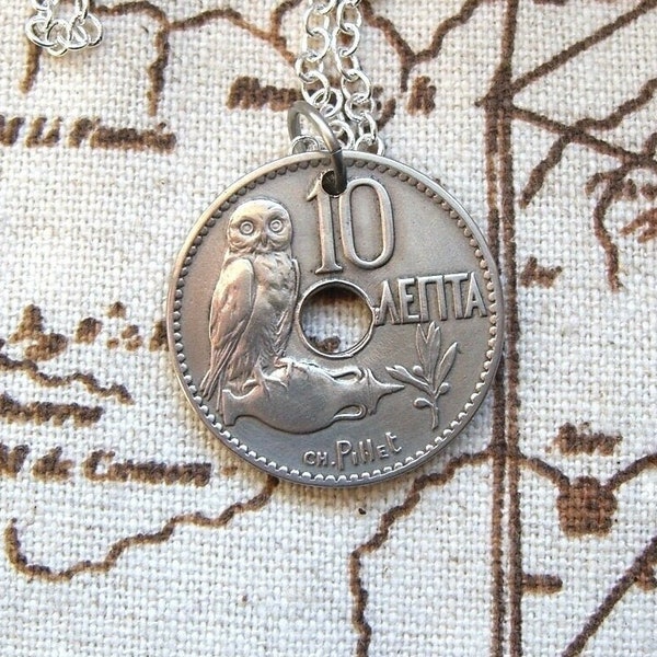 Owl of Athena necklace - Greek mythology - 1912 Antique Greece 10 Lepta coin