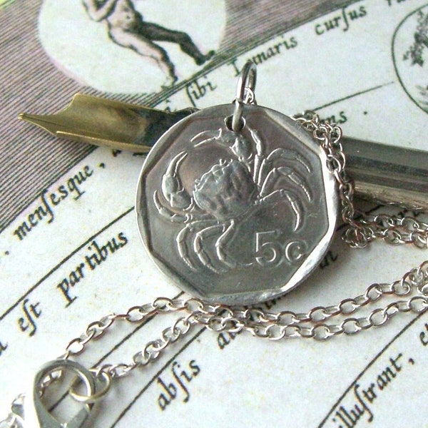 Crab necklace - Vintage 1998 Maltese coin - Cancer zodiac gift