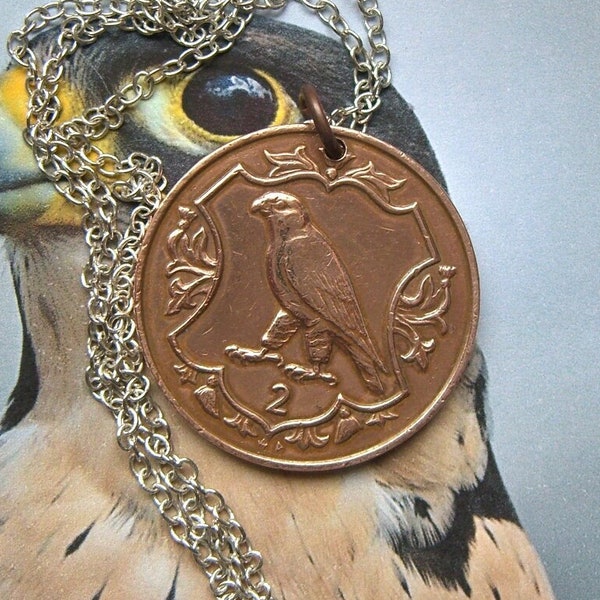 Peregrine Falcon necklace - Vintage coin - Isle of Man - Falconry gift