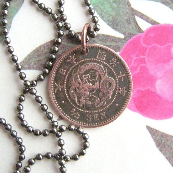 Japanese Dragon necklace - Antique copper coin - Meiji Japan half Sen