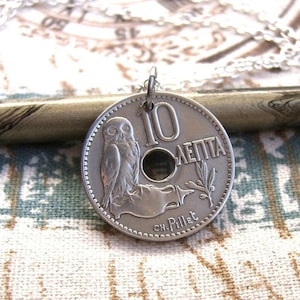 Owl of Athena necklace - Greek mythology - 1912 Antique Greece 10 Lepta coin
