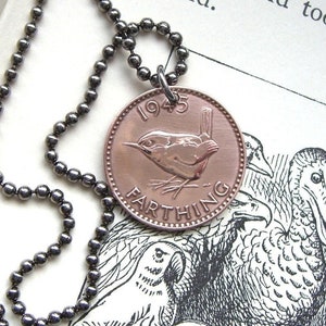 Wren coin necklace - UK Vintage farthing - Bird watcher gift