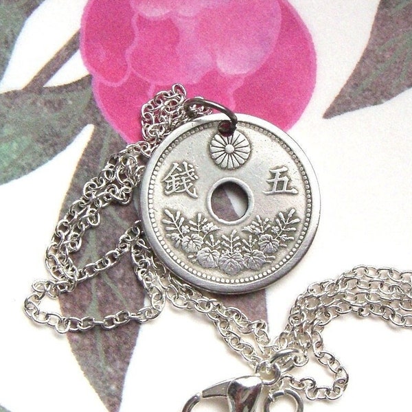 Japanese coin necklace - Paulownia and Chrysanthemum - Antique 5 Sen - 1920's Taisho Japan