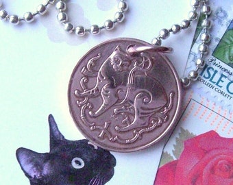 Manx cat necklace - Cat lover gift - Vintage Isle of Man coin