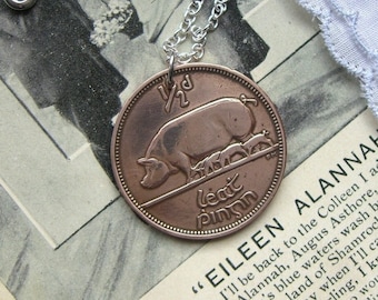 Pig necklace - Sow and piglets - Ireland Celtic harp coin