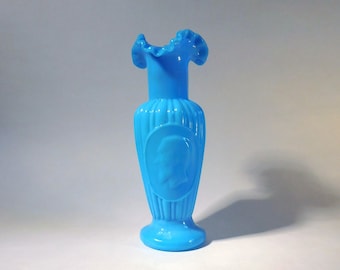 1870s Antique French Portieux Vallérysthal Blue Milk Glass Vase - Napoleon III Portrait