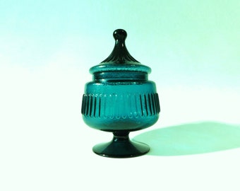 1960s Peacock Blue Apothecary Glass Jar - Empoli Art Glass