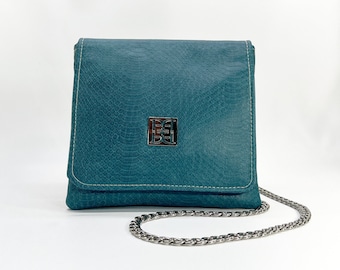 Small Crossbody Bag, Teal Faux Snakeskin Purse, Converts to Hip Bag