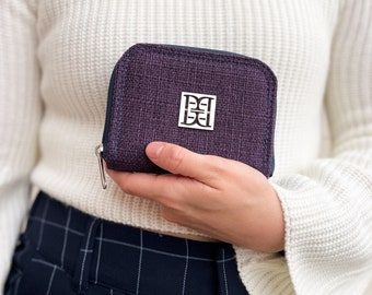 Cartera pequeña con cremallera para mujer, cartera morada, cartera vegana