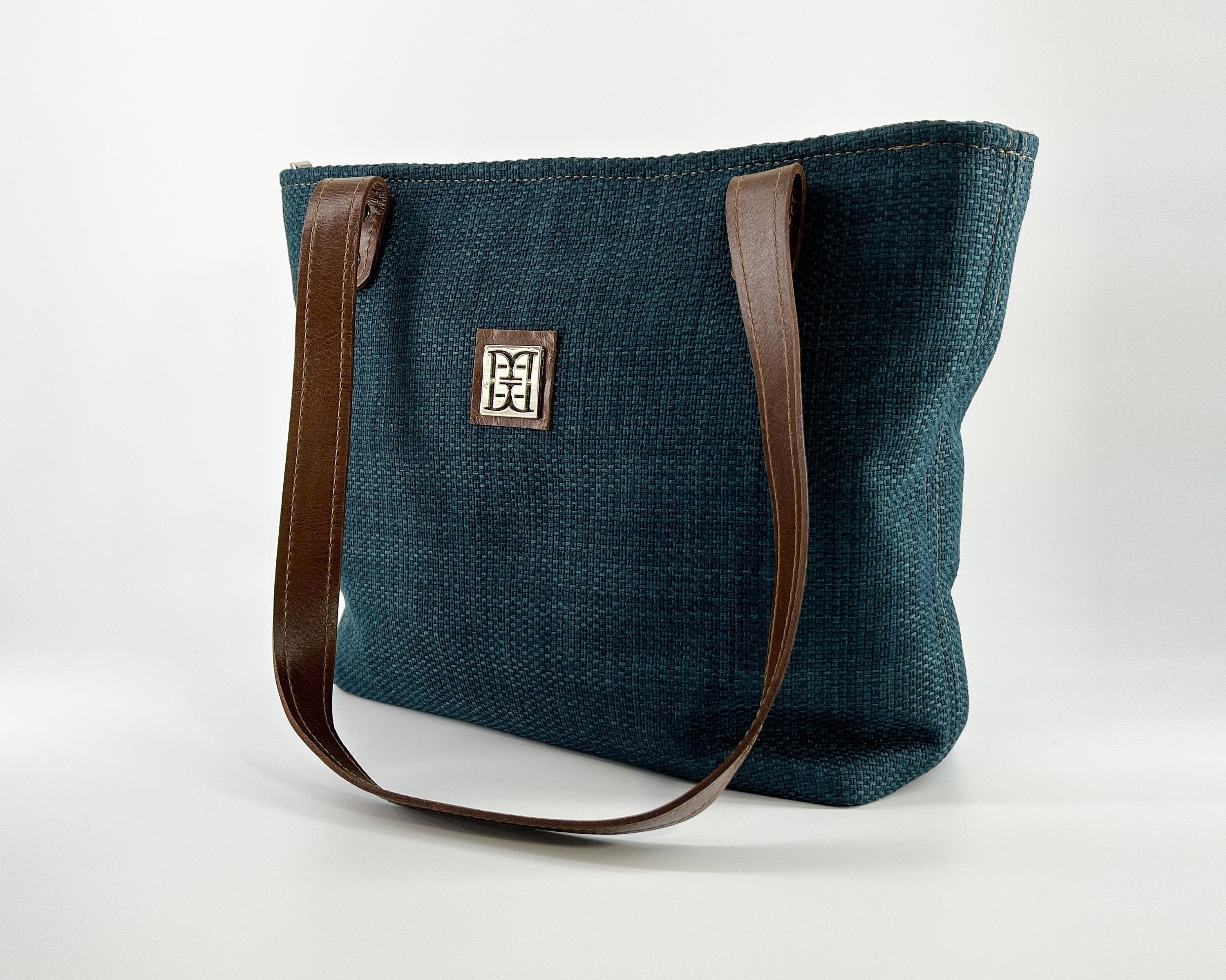 Teal Shoulder Bag Fabric Handbag With Genuine Leather Etsy UK