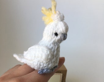 Hand knitted little Yellow Crested Cockatoo, toy, softie, hand made.