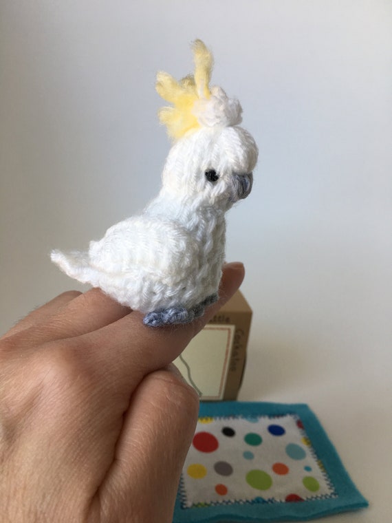 Hand knitted little Yellow Crested Cockatoo, toy, softie, hand made.