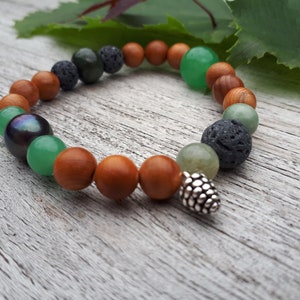 Deep Forest bracelet with Aventurine, Birmese Jade, Lavastone, Serpentine and Pearl