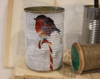 Upcycled tin can Candy Cane Bird image Essential Oil Soy Wax Candle