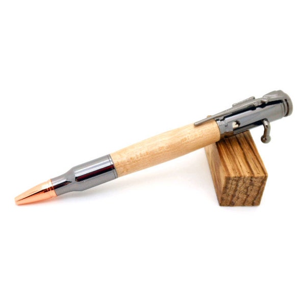Hand turned wood pen, Gun Metal Bolt Action Pen featuring Birdseye Maple, gun themed wooden pen, perfect gift for gun enthusiast or hunter