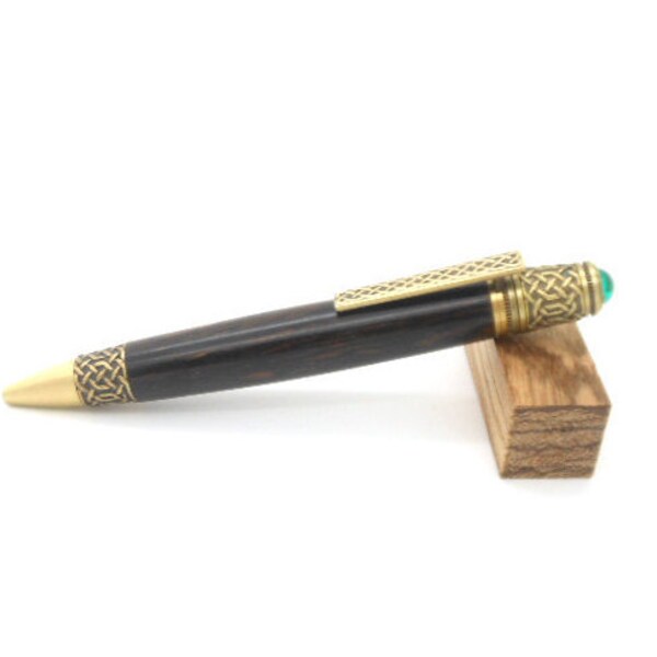 Handmade Celtic knot antique brass finish twist pen featuring exotic Ebony wood, authentic cabochon, office accessory handmade wood pen