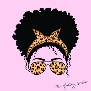 Black Woman face aviator glasses bandana and leopard print afro women messy bun mom lifestyle SVG PNG Files Digital Downloads Cricut