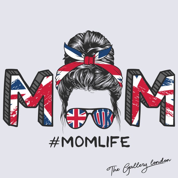 Mom life with messy bun hairstyles wearing united kingdom flag sunglasses illustration