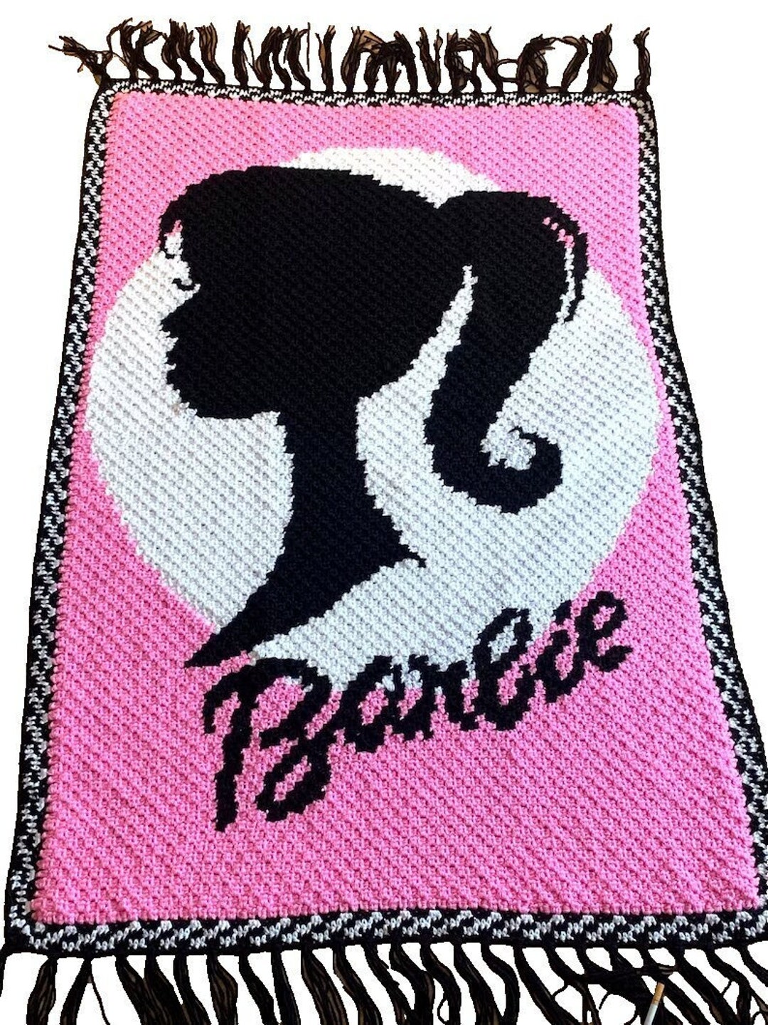 Barbie Silhouette Afghan Throw Blanket Pink, Black and White. 