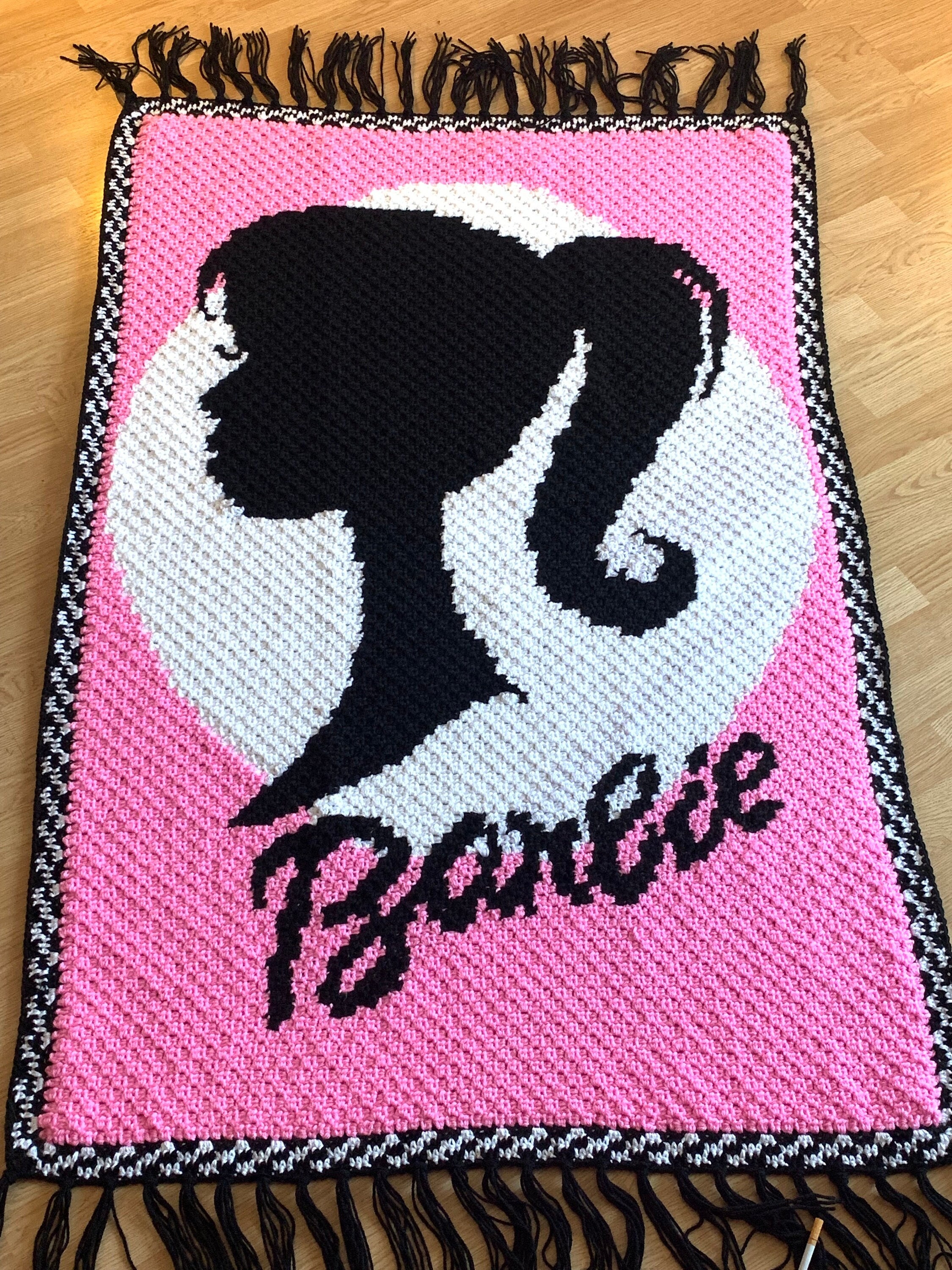 Barbie Silhouette Afghan Throw Blanket Pink, Black and White. 