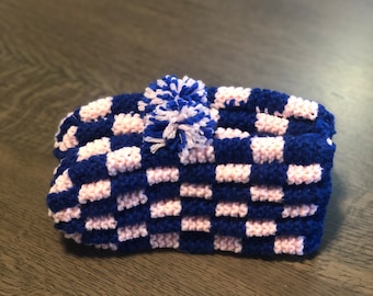 Hand Knitted Slippers in Royal Blue & Pink Checkerboard Slippers