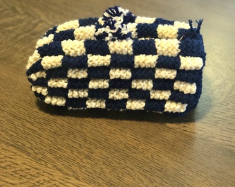 Hand Knitted Slippers in Royal Blue & Yellow Checkerboard Slippers