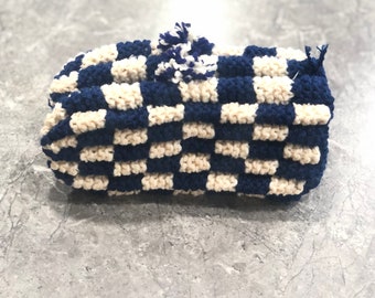 Hand Knitted Slippers in Navy & White Checkerboard Slippers