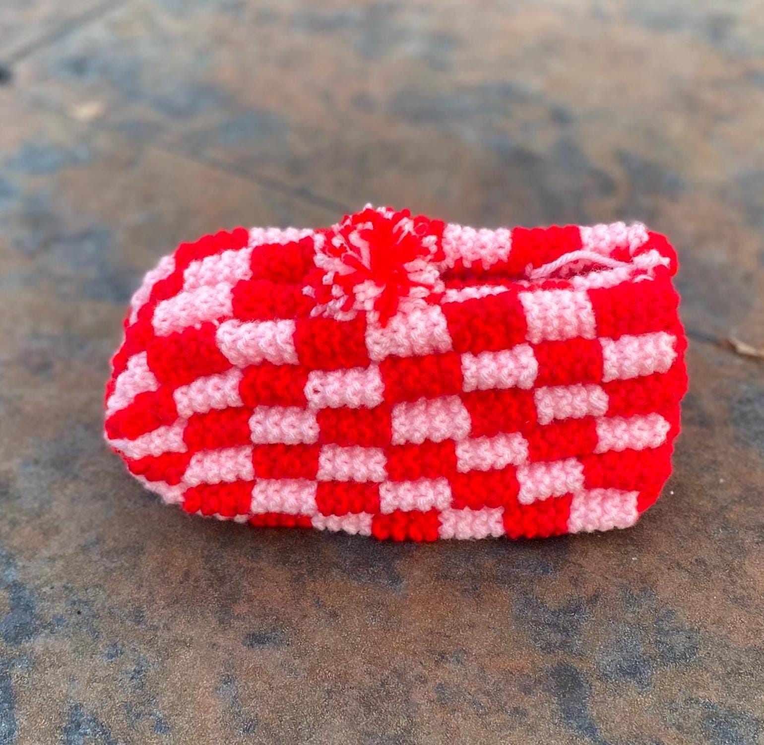 Hand Knitted Slippers in Red Pink Checkerboard Slippers