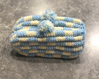 Hand Knitted Slippers in Light Blue & Yellow Checkerboard Slippers