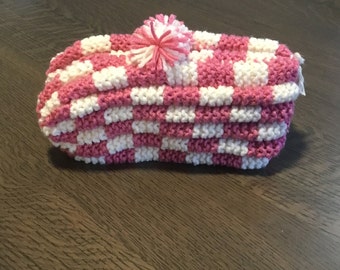 Hand Knitted Slippers in Rose & Cream Checkerboard Slippers