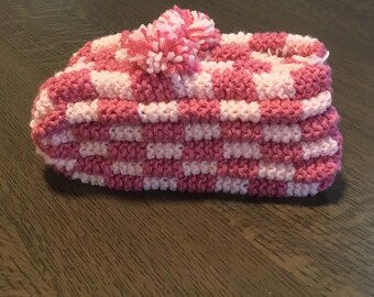 Hand Knitted Slippers in Rose & Light Pink Checkerboard Slippers