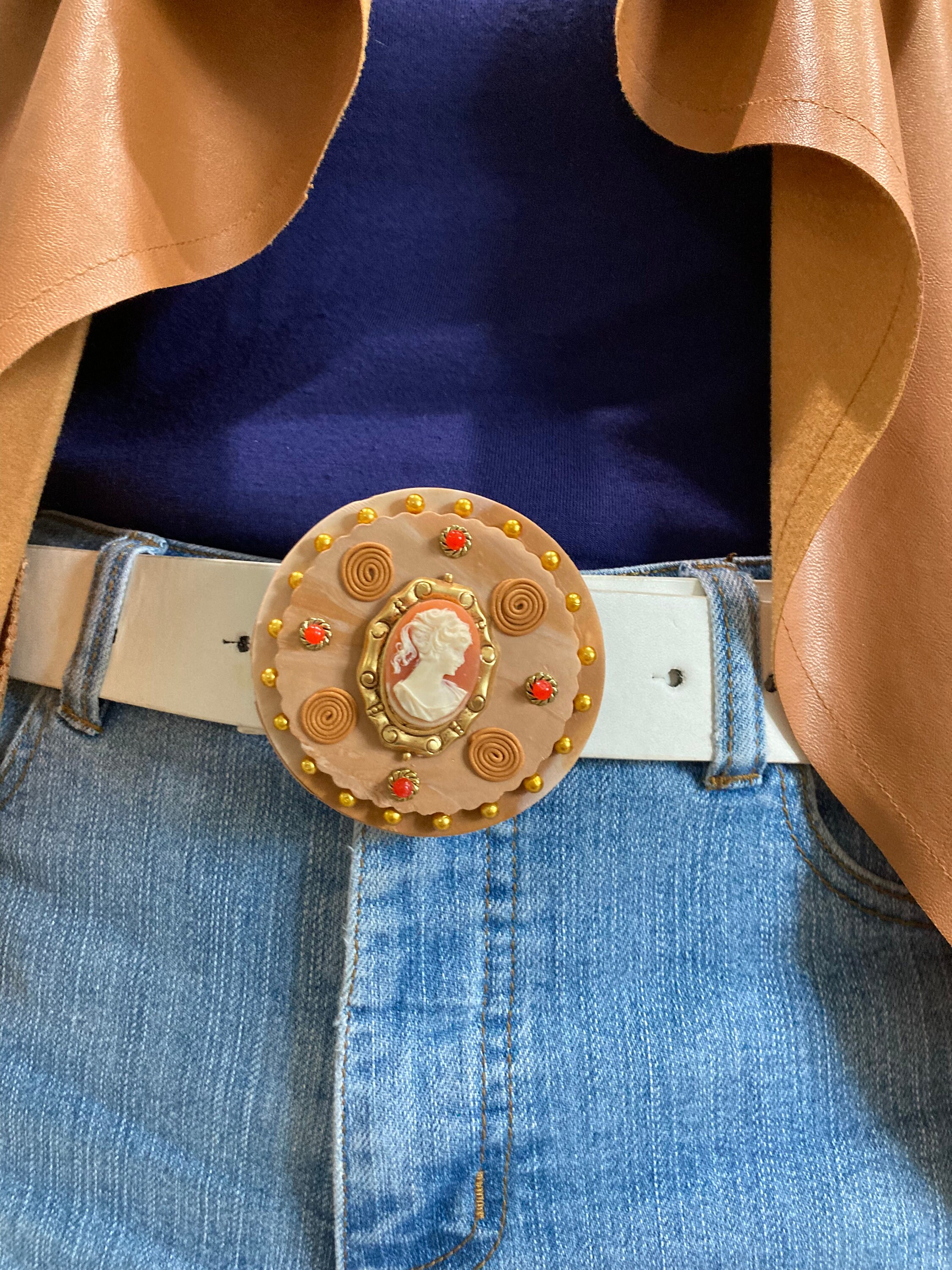Belt Buckle, One of a Kind, Polymer Clay, Handmade by Me, Embedded With Vintage Cameo and