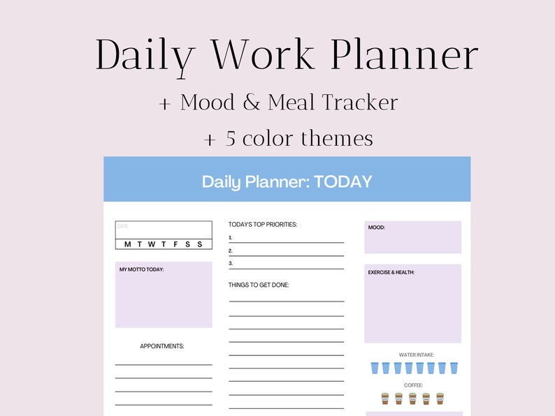 Daily Work Planner Printable 5 Color Themes PDF Download | Etsy