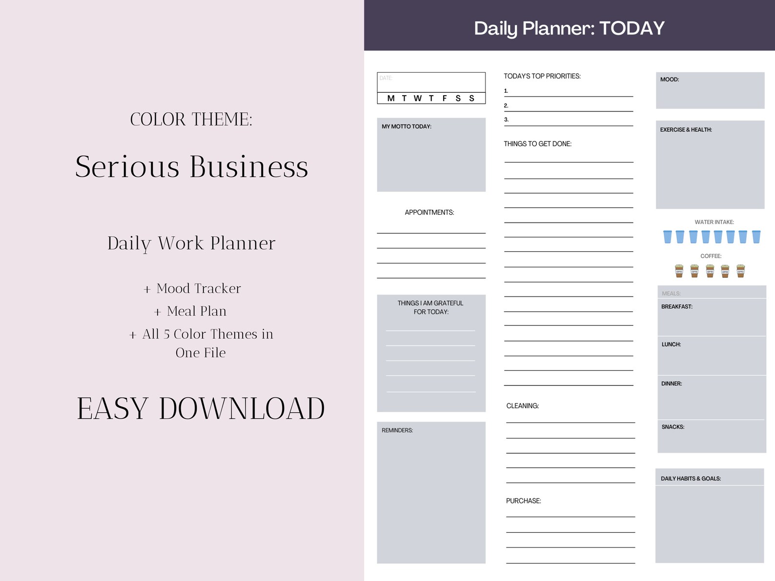 Daily Work Planner Printable 5 Color Themes PDF Download | Etsy